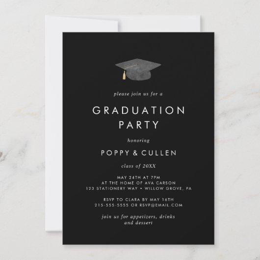 Chic Dark Black Cap Photo Double Graduation Party Invitation