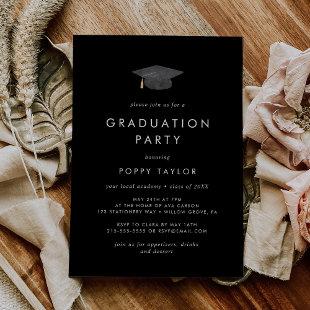 Chic Dark Black Grad Cap Graduation Party Invitation