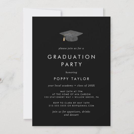 Chic Dark Black Grad Cap Graduation Party Invitation