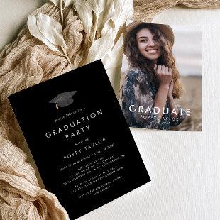 Chic Dark Black Grad Cap Photo Graduation Party Invitation