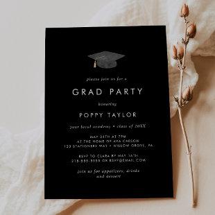 Chic Dark Black Graduation Cap Grad Party Invitation