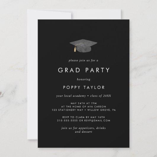 Chic Dark Black Graduation Cap Grad Party Invitation