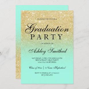Chic faux gold glitter mint green Graduation party Invitation