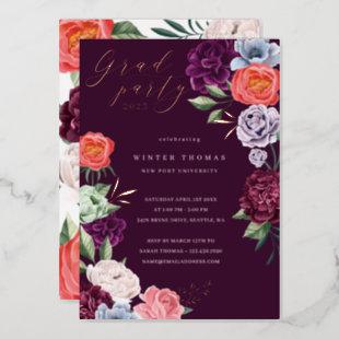 Chic Floral Peonies Rose Blossoms Graduation Party Foil Invitation