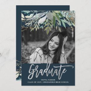 Chic Foliage | Dark Blue Photo Graduation Party Invitation
