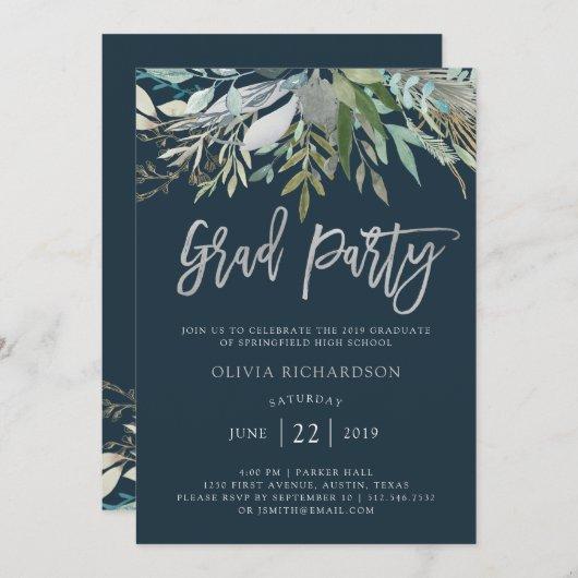 Chic Foliage | Graduation Party Silver Script Invitation