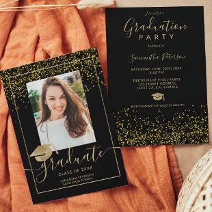 Chic gold confetti black typography graduation invitation