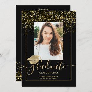 Chic gold confetti black typography graduation invitation