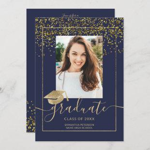Chic gold confetti navy blue typography graduation invitation