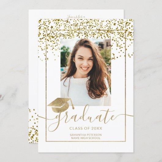 Chic gold confetti white typography graduation invitation