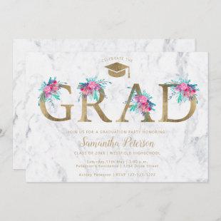 Chic gold floral letter white marble graduation invitation