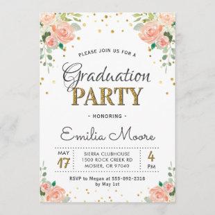 Chic Gold Glitter Floral Peony Graduation Party Invitation