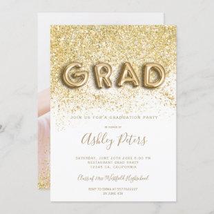 Chic Gold glitter letters white photo graduation Invitation