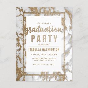 Chic Gold Glitter Marble Script Graduation Party Invitation Postcard