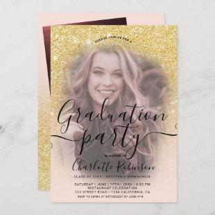 Chic gold glitter pink ombre 3 photos graduation invitation