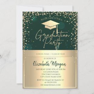 Chic Gold Grad Cap,Diamonds Green Graduation Invitation