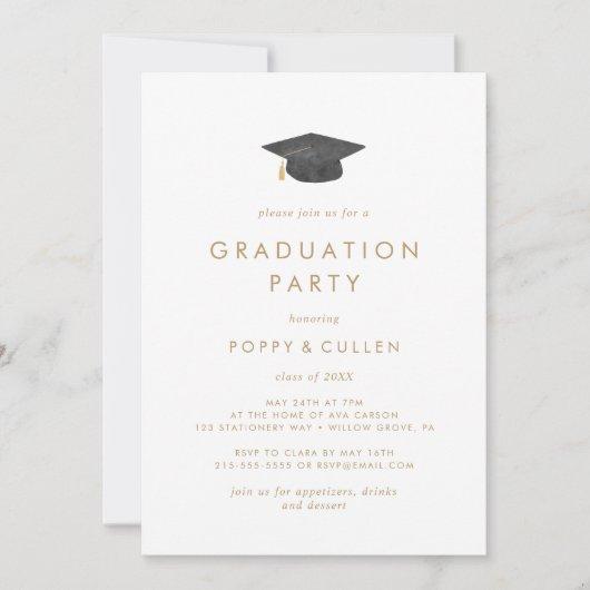 Chic Gold Grad Cap Photo Double Graduation Party Invitation