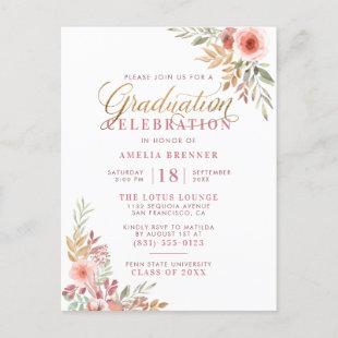 Chic Gold Script & Painted Roses Graduation Party Invitation Postcard