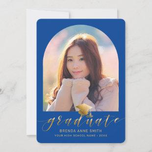 Chic Graduation 2 Photo Gold Cap Script on Blue Announcement