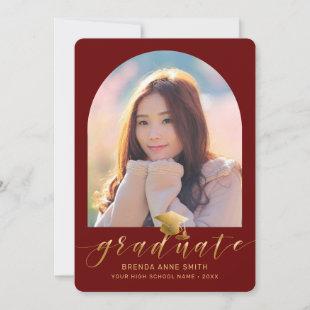Chic Graduation 2 Photo Gold Cap Script on Red Announcement