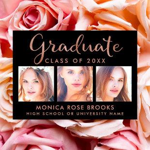 Chic Graduation Photos Rose Gold Foil Black Party Invitation