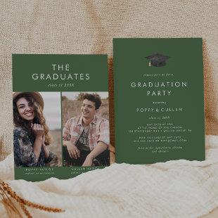 Chic Green Grad Cap Photo Double Graduation Party Invitation