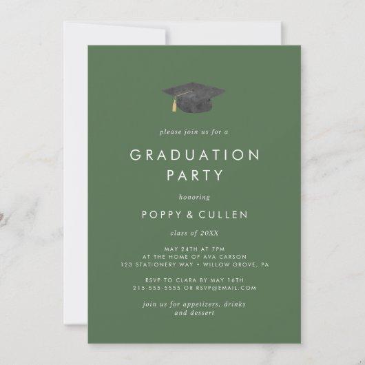 Chic Green Grad Cap Photo Double Graduation Party Invitation