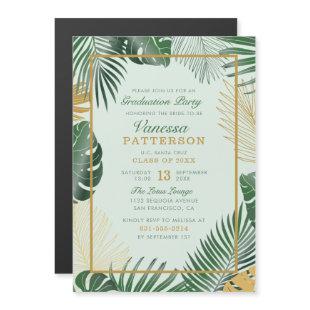 Chic Green Tropical Leaves Trendy Graduation Magnetic Invitation