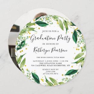 Chic Greenery Wreath Gold Glitter Graduation Photo Invitation