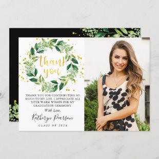 Chic Greenery Wreath Gold Glitter Graduation Photo Thank You Card