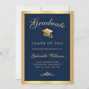 Chic Navy Blue Gold Frame Script Graduation Announcement