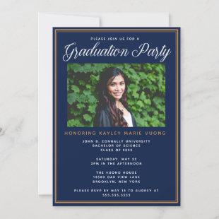 Chic Navy Blue Gold Photo 2024 Graduation Party Invitation