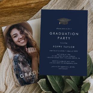 Chic Navy Blue Grad Cap Photo Graduation Party Invitation