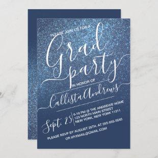 Chic Navy Blue Sparkly Glitter Ombre Graduation Invitation