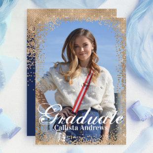 Chic Navy Gold Glitter Confetti Photo Graduation Invitation