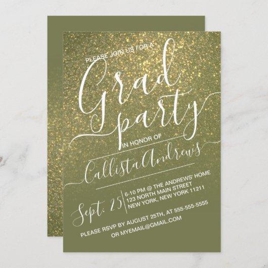 Chic Olive Green Sparkly Glitter Ombre Graduation Invitation