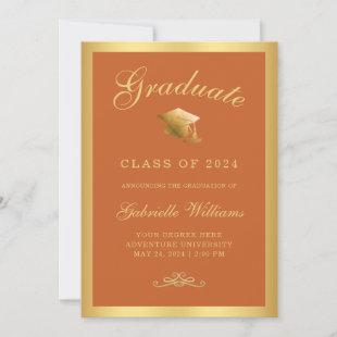 Chic Orange Gold Frame Script Graduation Announcement