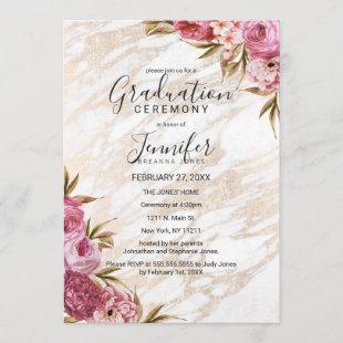 Chic Pink Floral Gold Marble Graduation Ceremony Invitation