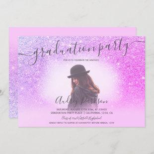 Chic pink glitter sparkles chic photo graduation invitation