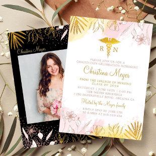 Chic Pink Gold Floral RN Nursing Graduation Photo Invitation