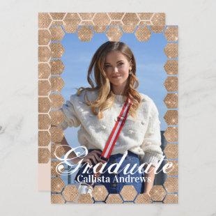 Chic Pink Gold Glitter Hexagon Photo Graduation Invitation