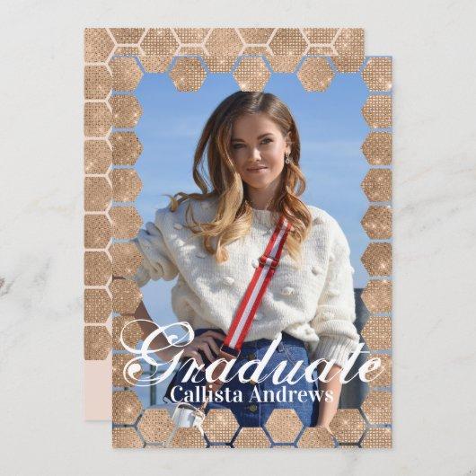 Chic Pink Gold Glitter Hexagon Photo Graduation Invitation