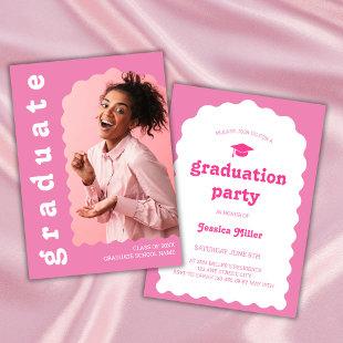 Chic Pink Retro Font Wavy Arch Photo Graduation Invitation