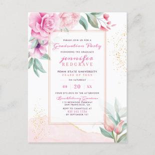 Chic Pink Trendy Blooms Botanical Graduation Invitation Postcard