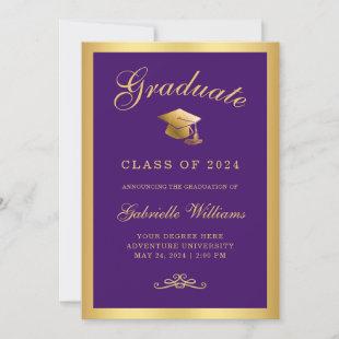 Chic Purple Gold Frame Script Graduation Announcement