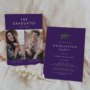 Chic Purple Grad Cap Photo Double Graduation Party Invitation