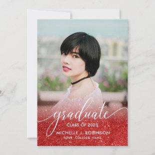 Chic Red Glitter Ombre Girly Photo Graduation Announcement