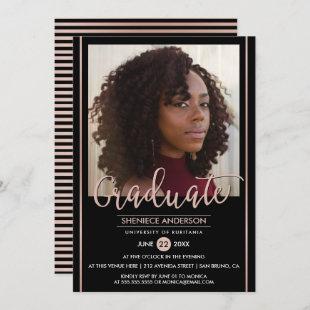 Chic Rose Gold & Black Graduation | Custom Photo Invitation