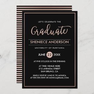 Chic Rose Gold & Black Script & Script Graduation Invitation