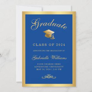 Chic Royal Blue Gold Frame Script Graduation Announcement